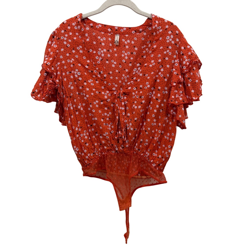 Intimately Free People Red Floral Ruffle Sleeve Tie Front Bodysuit Small S‎
